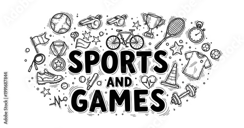 Doodle art of various sports equipment and games icons in black and white