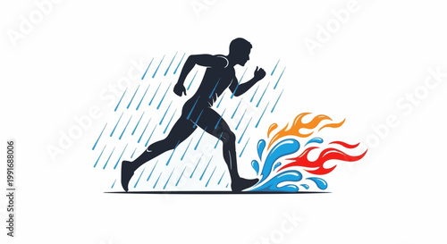 Silhouette of a runner amidst rain and fiery splashes