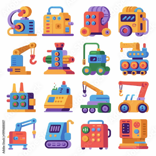 Colorful Modern Industrial Machine and Robot Gadget Icon Set