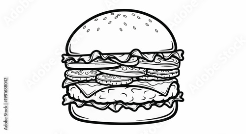 Stylized black and white illustration of a layered hamburger with sesame seeds