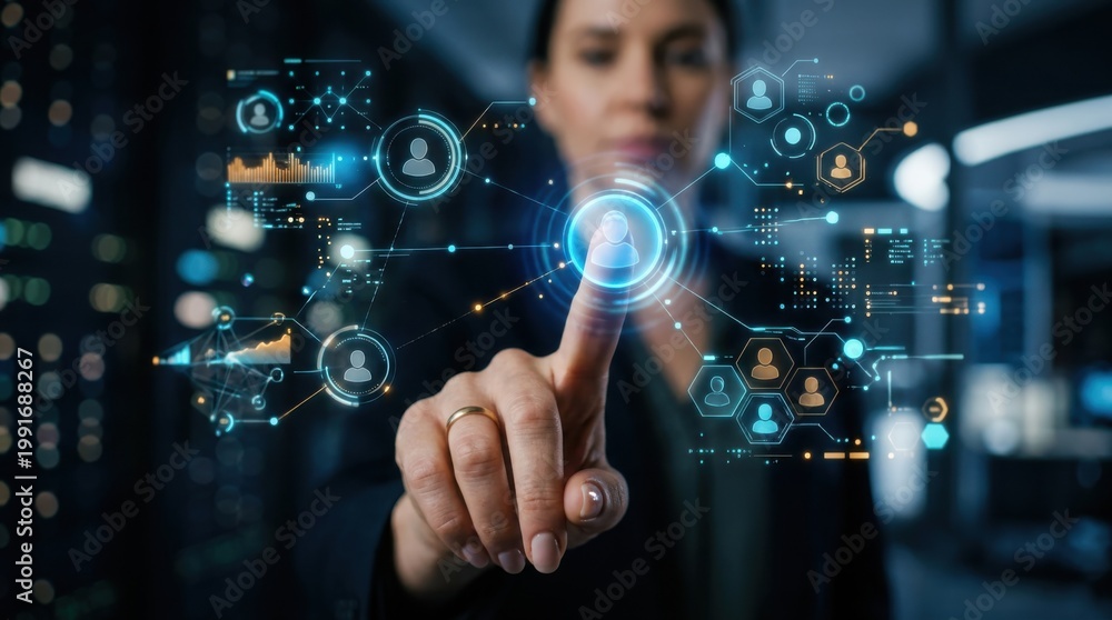 Fototapeta premium Businesswoman touching user node on digital identity graph interface. Digital identity verification concept.
