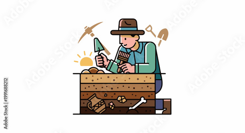 Archeologist uncovering ancient artifacts, bone, and pottery in stratified soil layers
