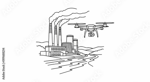 An industrial landscape with a drone observing a factory emitting smoke