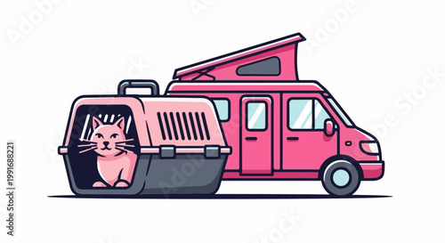 Pink camper van with a pink cat in a carrier beside it