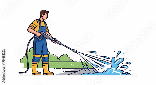 Person pressure washing a path with water spraying