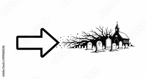 Arrow points to a spooky cemetery with a church and gnarled tree
