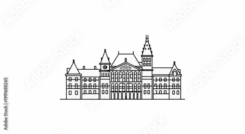 Ornate, symmetrical building with multiple towers, arches, and windows, in outline