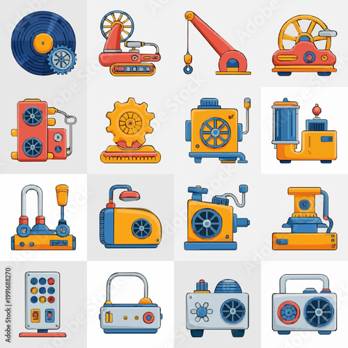 Retro Industrial Machine and Steampunk Mechanical Gadget Icons