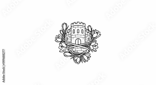 Ornate emblem of a castle surrounded by blooming flowers and ribbon
