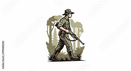 Man in uniform with hat and rifle walking through trees