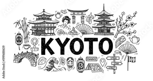Kyoto icons: traditional japanese architecture, culture, and nature illustrated
