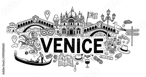 Intricate venice illustration featuring iconic landmarks and italian symbols