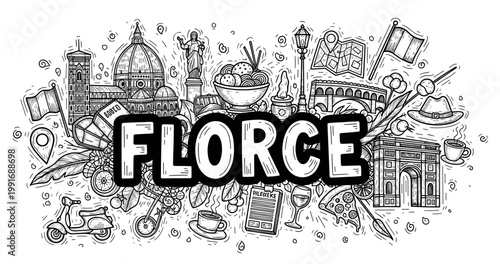 Florence travel doodle art: landmarks, pizza, gelato, italian icons in black and white