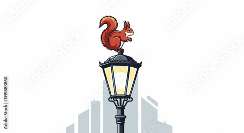 Stylized squirrel perched atop a glowing vintage lamp post
