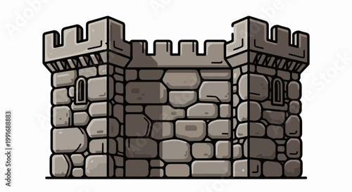 Stylized stone castle turret with crenellations and small arched windows