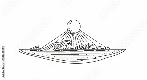 Stylized sun over ocean waves and beach scene in outline