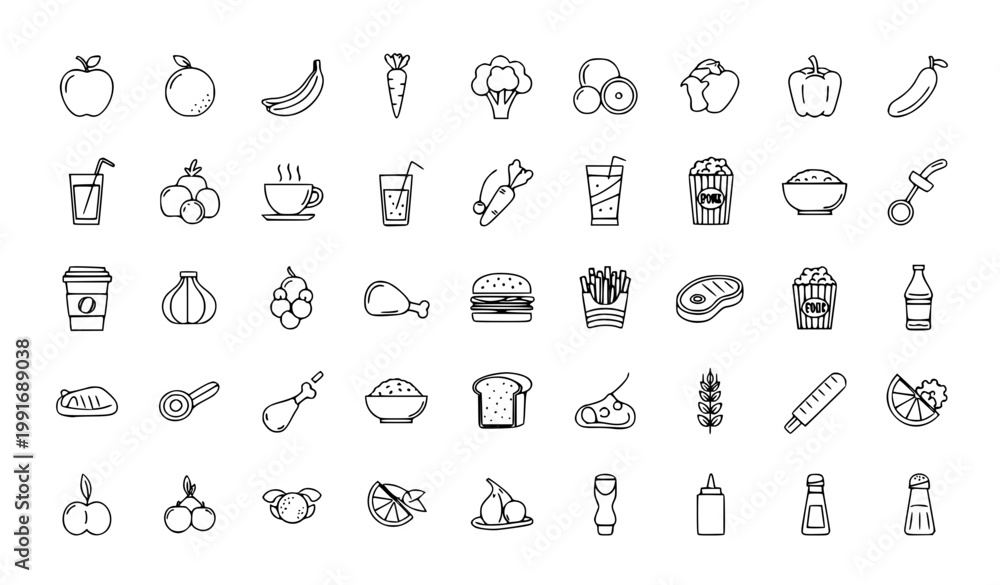 Fototapeta premium Minimal Monoline Food Icon Set Featuring Fruits Vegetables Drinks Snacks Meat and Condiments for Clean Design