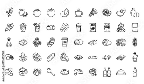 Minimal Line Food Icons Set with Fruits Vegetables Drinks Snacks and Condiments for Restaurant and Nutrition Design