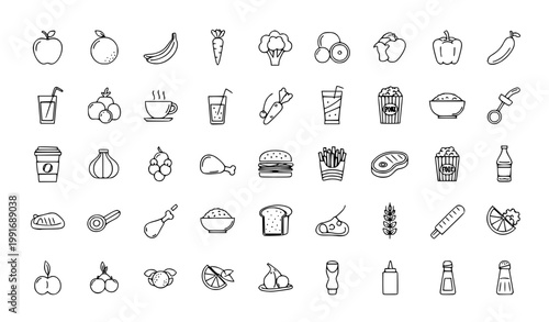 Minimal Monoline Food Icon Set Featuring Fruits Vegetables Drinks Snacks Meat and Condiments for Clean Design