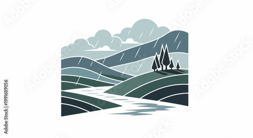 Stylized rainy landscape with rolling hills and a winding river