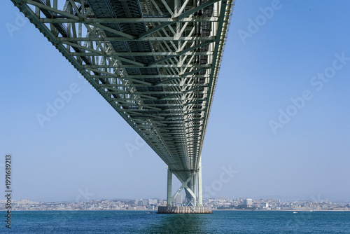 淡路島側の明石海峡大橋を下から眺める