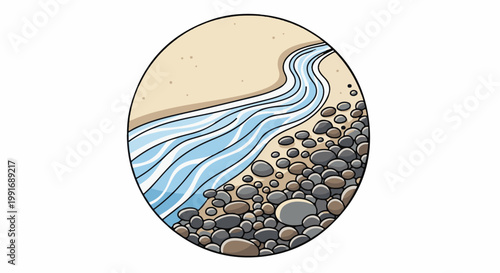 Stylized river flowing through sandy shore with pebbles