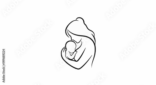 Stylized outline of a mother cradling and kissing her baby