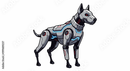 Stylized robotic canine with glowing blue accents and red eyes