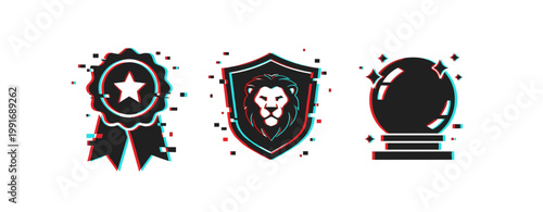 Award ribbon shield and crystal ball icons on white background. Glitch effect
