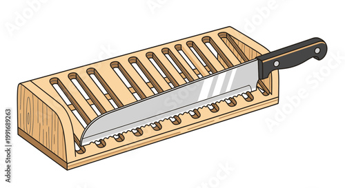Large chef knife on wooden block.