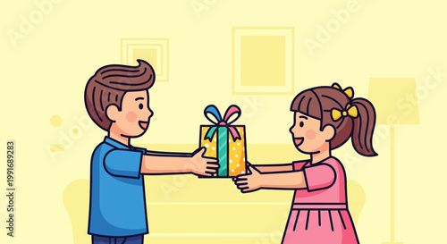 A young boy giving a colorful gift box to a smiling little girl.
