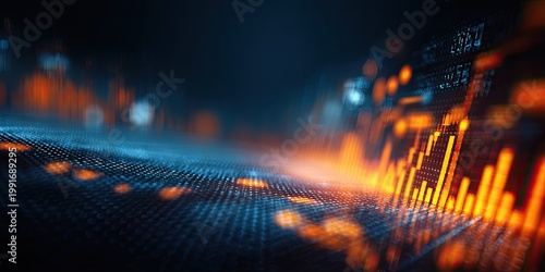Abstract digital financial graph with glowing orange bars and blue grid