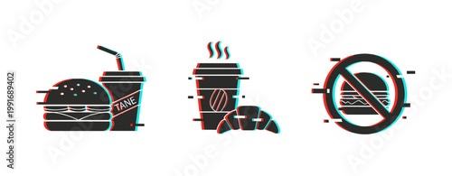 Food and drink icons indicating consumption and restriction on white background. Glitch effect