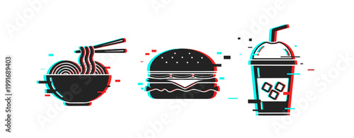 Fast food ramen burger and beverage icons on white background. Glitch effect