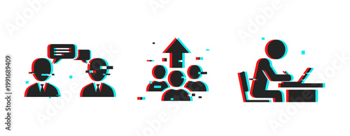 People communicating collaborating and working at desk on white background. Glitch effect