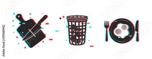 Cutting board chopping and waste bin with plated breakfast icons. Glitch effect
