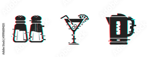 Salt shaker cocktail and electric kettle icons on white background. Glitch effect