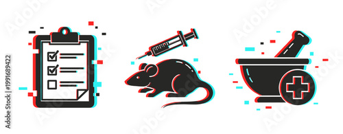 Research checklist animal testing and laboratory medicine icons. Glitch effect
