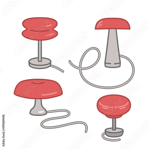Set of four cute red table lamps. Flat vector illustration.