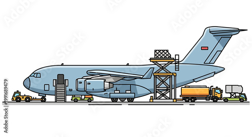 Large Military Transport Aircraft on the Ground for Loading and Unloading.