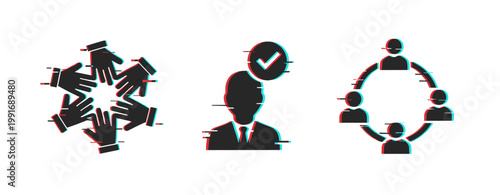 Teamwork collaboration approval and group network icons on white. Glitch effect