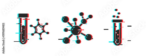 Test tube and molecular icons indicating laboratory experimentation. Glitch effect