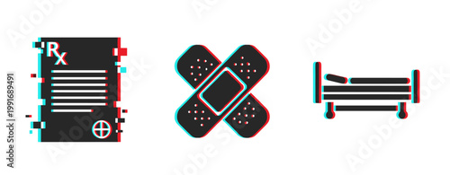 Prescription document, crossed bandage, hospital bed on white. Glitch effect