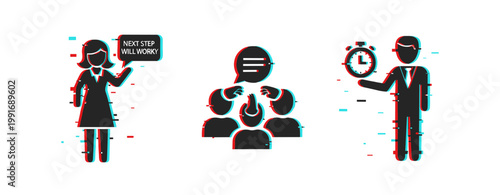 Teacher, group discussion, businessman presenting with clock on white. Glitch effect