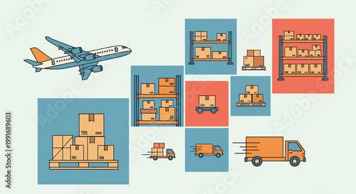 Logistics and Shipping Illustration - Airplane, Trucks, and Boxes.