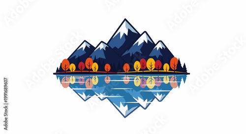 Stylized mountain peaks reflected in calm water with autumn trees