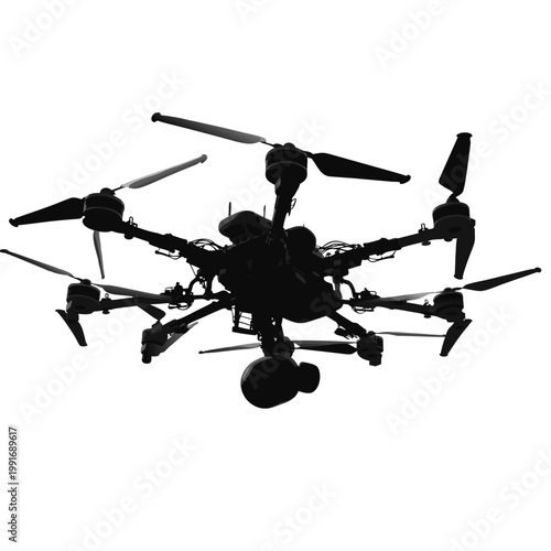 Drone, hexacopter, black silhouette, aircraft, quadcopter, isolated on white