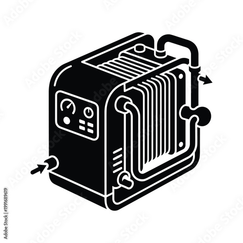 Black and white isometric of a compact industrial chiller unit with pipes, gauges, and directional arrows