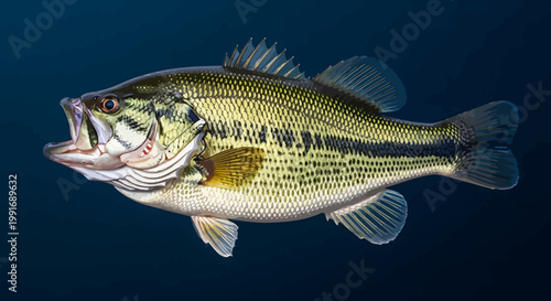 Large Mouth Bass Swimming in Dark Blue Water.