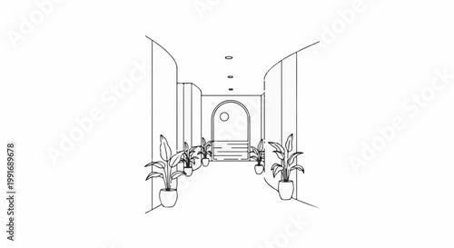 Stylized sketch of a corridor with arched doorway, plants, and lighting